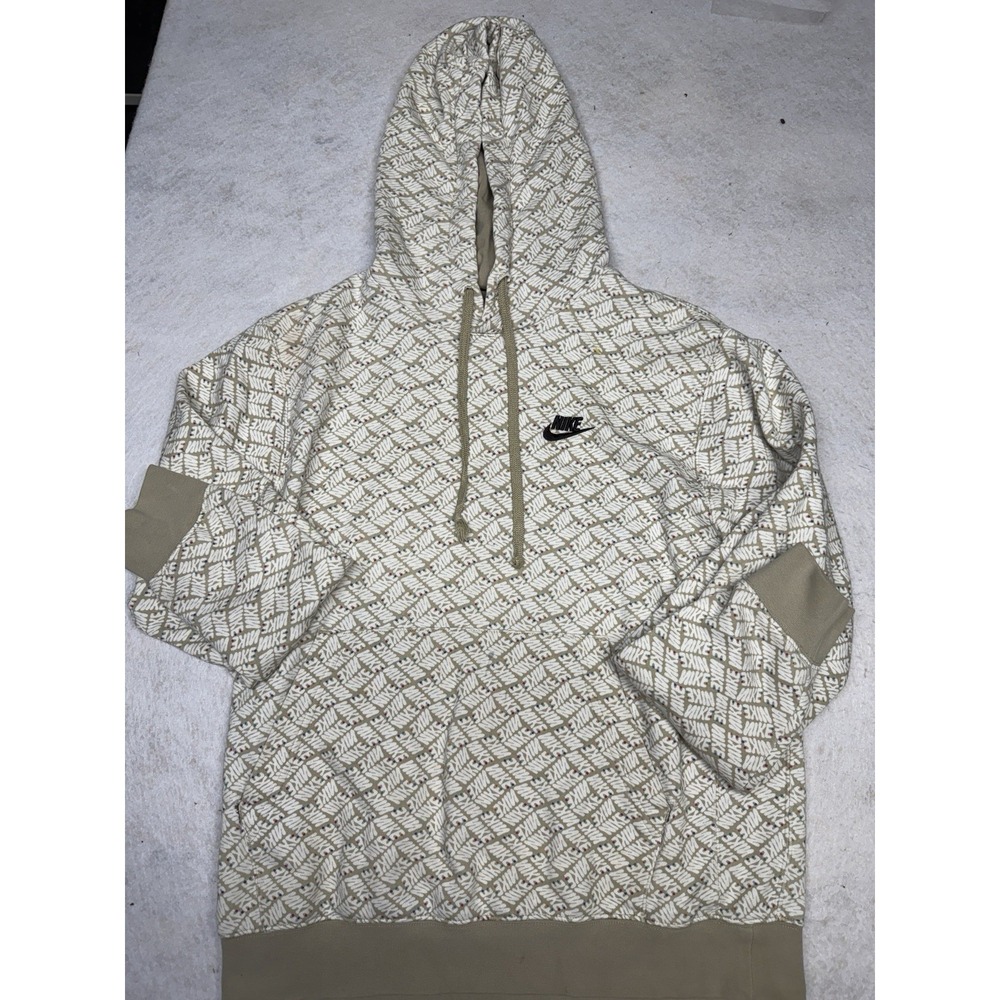 Nike Essentials AOP Fleece Hoodie Mens Small Beige All Over Print Cotton Swoosh‎